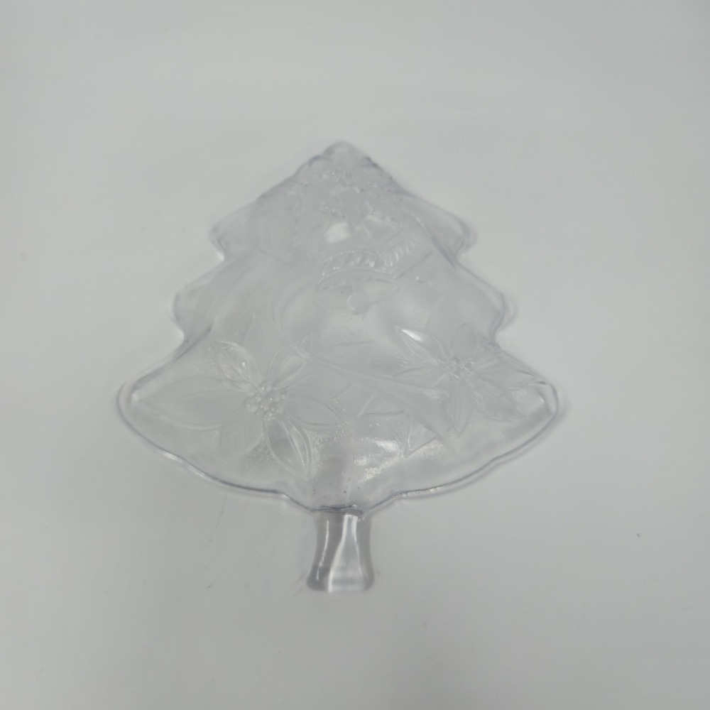 Vintage Clear Glass Christmas Tree Candy Dish 8" Embossed Bells Frosted Glass